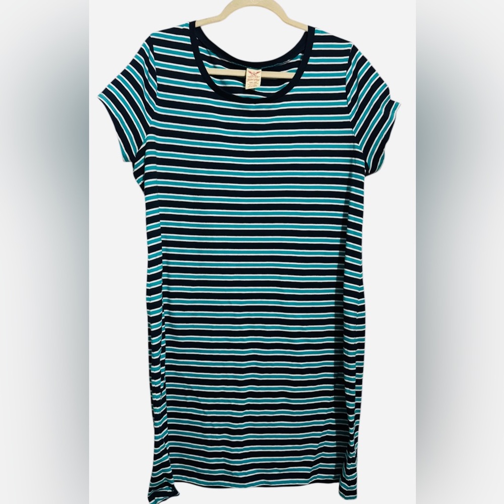 Faded Glory Teal and Navy Striped Shirt Dress